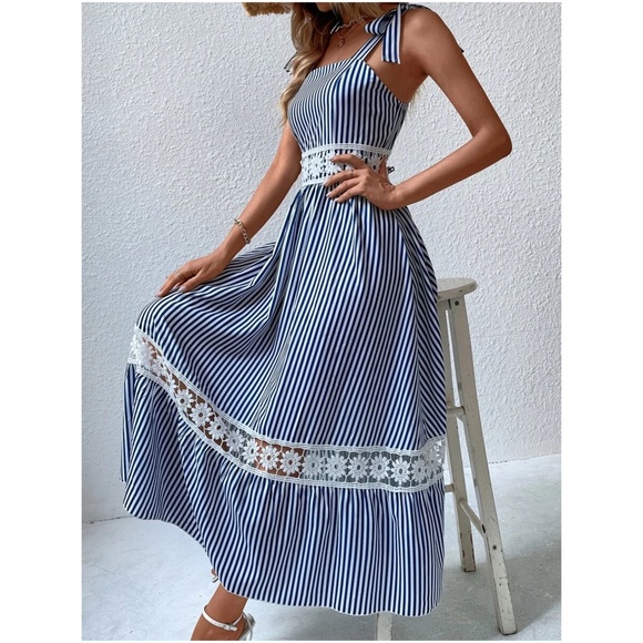 Boho Stripes Floral Lace Inserts Tie Maxi Dress - Picture 10 of 12